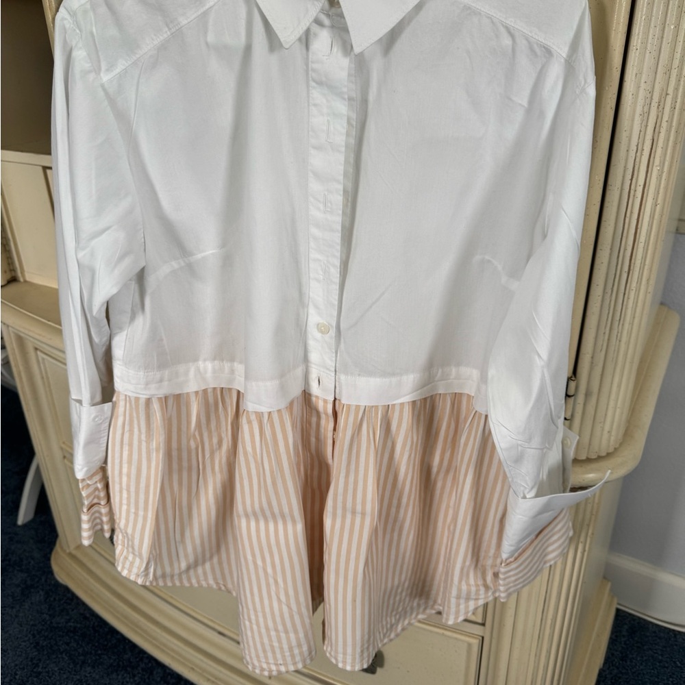 Anthropologie White and Tan Blouse with Pleated Design